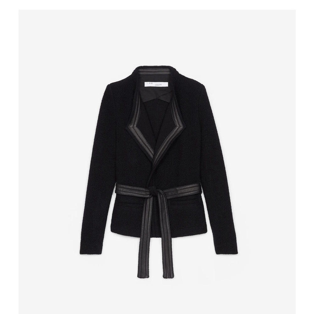 Iro Teby Black leather trim jacket belted open textured size 36 small cardigan